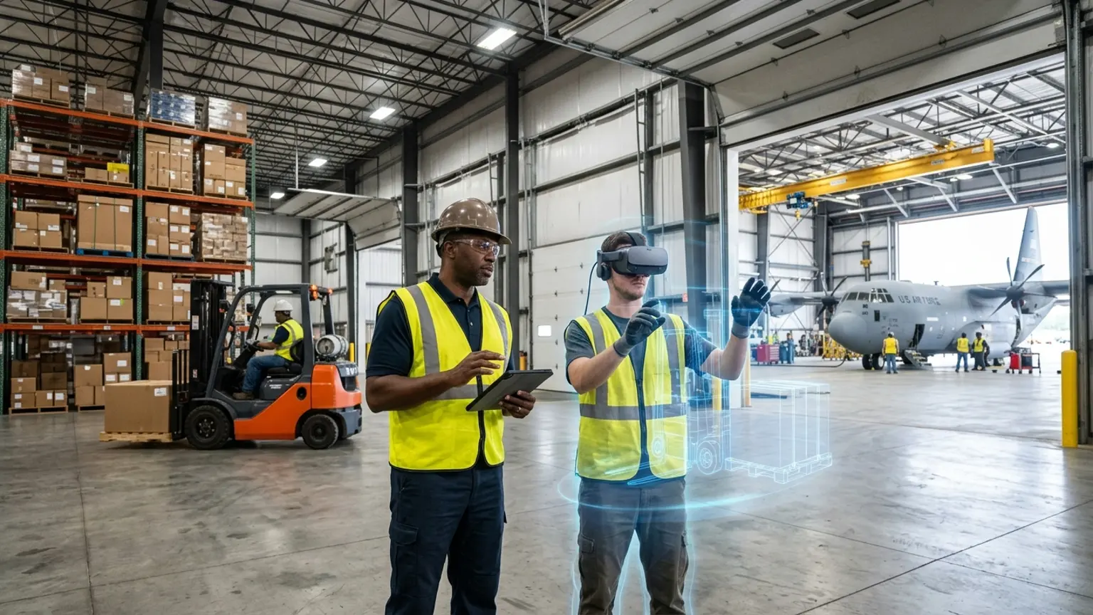 A workplace safety leader in Macon, Georgia wearing a hard hat and hi-vis vest holds a tablet inside a distribution warehouse and aircraft logistics setting while a worker in a VR headset rehearses a forklift, lockout tagout, and crane rigging procedure, showing how the best safety training companies in Macon combine OSHA, construction, aerospace and defense logistics, and manufacturing safety training with immersive VR safety training across the region's distribution, air logistics, and building economy, where The Prime VR builds custom virtual reality safety programs for Macon distribution firms, manufacturers, and contractors to practice high-risk procedures under realistic conditions