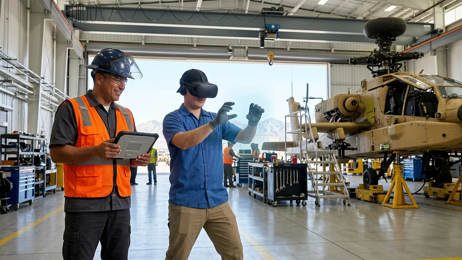 A workplace safety leader in Mesa, Arizona wearing a hard hat and hi-vis vest holds a tablet inside an aerospace helicopter manufacturing plant while a worker in a VR headset rehearses a lockout tagout, crane rigging, and heat emergency procedure, showing how the best safety training companies in Mesa combine OSHA and ADOSH, construction, aerospace and manufacturing, and heat safety with immersive VR safety training across the region's aviation, factory, and building economy, where The Prime VR builds custom virtual reality safety programs for Mesa aerospace firms, manufacturers, and contractors to practice high-risk procedures under realistic conditions
