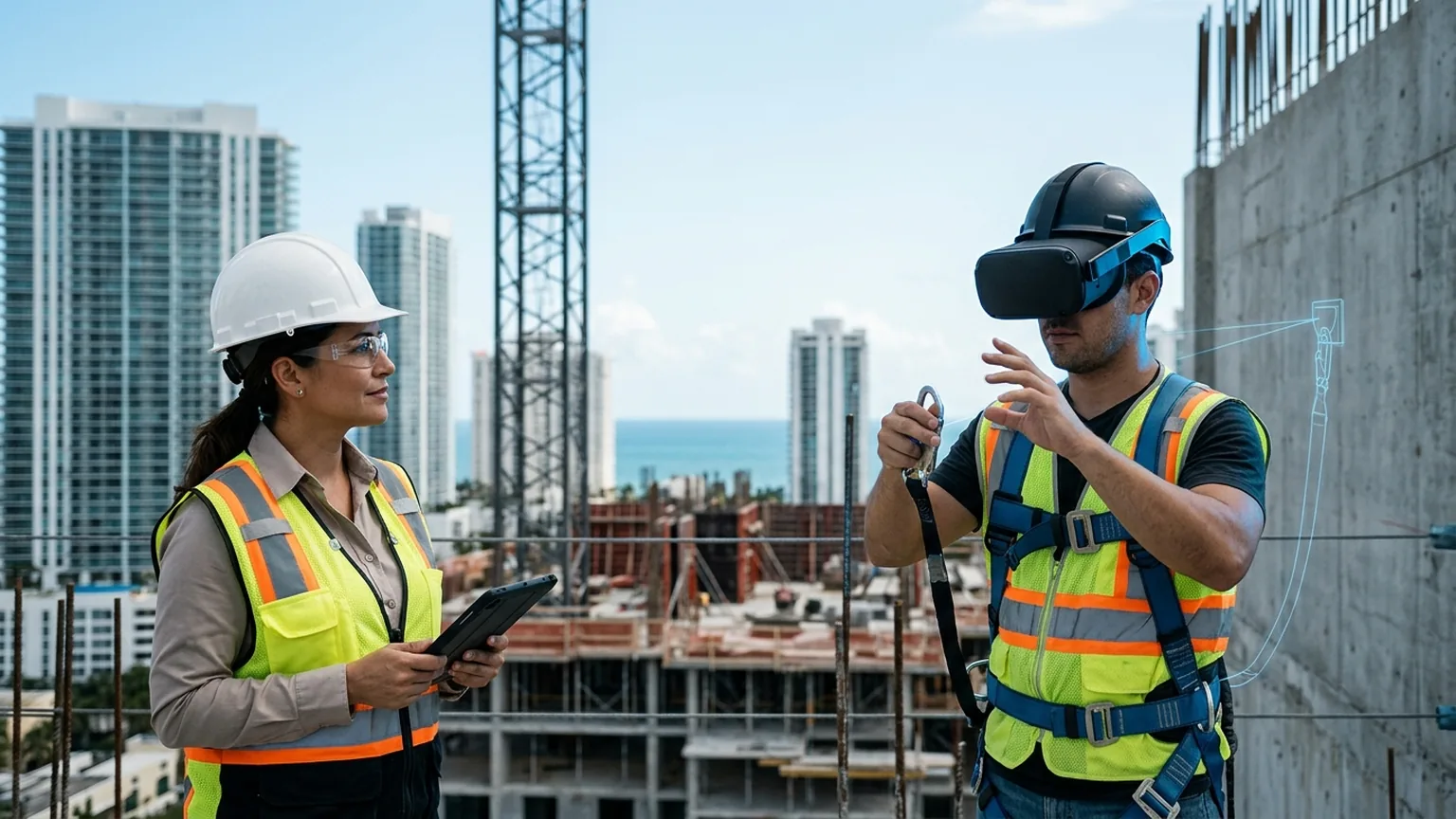 A workplace safety leader in Miami, Florida wearing a hard hat and hi-vis vest holds a tablet at a high-rise construction site while a construction worker in a VR headset and safety harness rehearses a fall protection tie-off procedure, showing how the best safety training companies in Miami combine OSHA, fall protection, scaffold and construction safety training with immersive VR safety training across the city's high-rise construction, port and hospitality economy, where The Prime VR builds custom virtual reality safety programs for Miami employers to practice hazard recognition and emergency response under realistic conditions