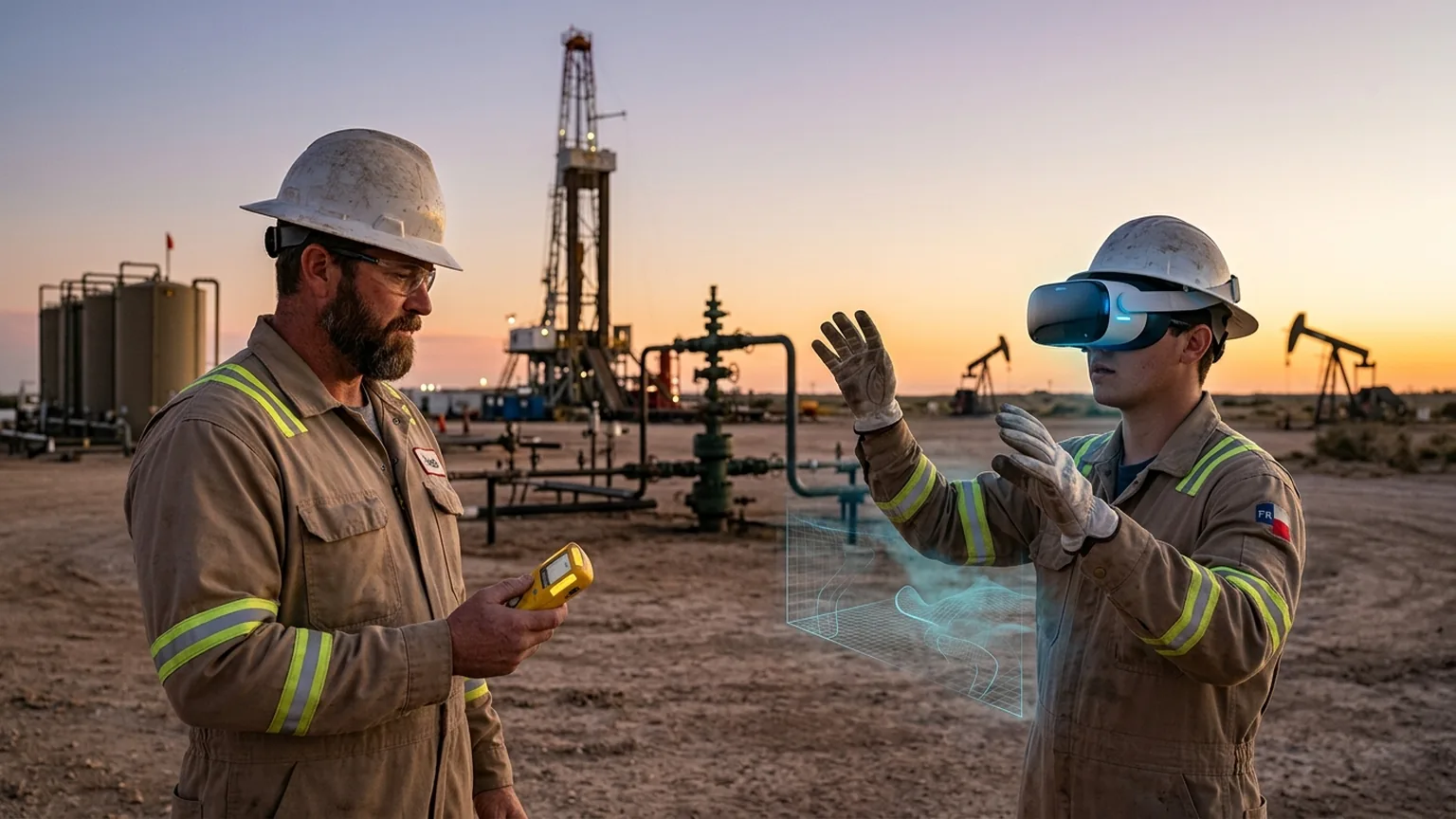 A workplace safety leader in Midland, Texas wearing a hard hat and flame-resistant coverall holds an H2S gas monitor while a Permian Basin oilfield worker in a VR headset rehearses a hydrogen sulfide detection and evacuation procedure, showing how the best safety training companies in Midland combine SafeLand, PEC, H2S Clear and OSHA training with immersive VR safety training across the oilfield, where The Prime VR builds custom virtual reality safety programs for Permian operators to practice confined space entry, hot work and emergency response under realistic conditions