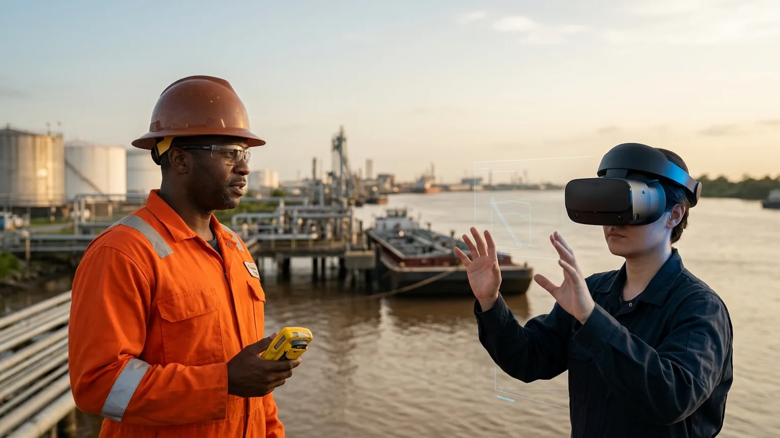 A workplace safety leader in New Orleans, Louisiana wearing a hard hat and flame-resistant coverall holds a gas monitor at a Mississippi River terminal while a worker in a VR headset rehearses a confined space entry and spill response procedure, showing how the best safety training companies in New Orleans combine OSHA, HAZWOPER, DOT HAZMAT and maritime training with immersive VR safety training across petrochemical, port and marine employers, where The Prime VR builds custom virtual reality safety programs for New Orleans terminals and contractors to practice hazardous material handling and emergency response under realistic conditions