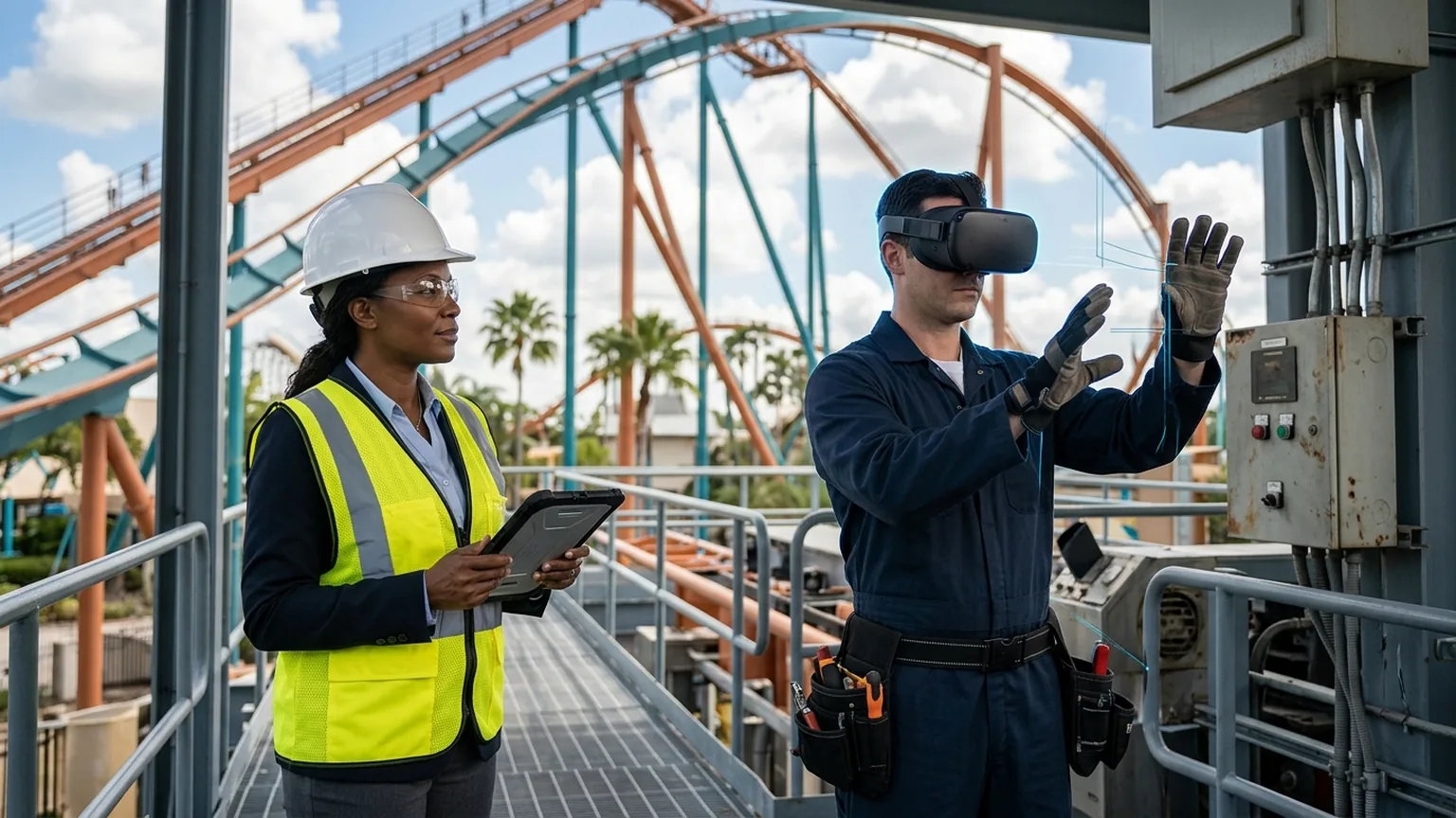 A workplace safety leader in Orlando, Florida wearing a hard hat and hi-vis vest holds a tablet at a theme park attraction maintenance area while a technician in a VR headset rehearses a ride lockout tagout and confined space procedure, showing how the best safety training companies in Orlando combine OSHA, construction, hospitality and attraction safety training with immersive VR safety training across the region's theme park, construction and simulation economy, where The Prime VR builds custom virtual reality safety programs for Orlando resorts and contractors to practice high-risk procedures under realistic conditions