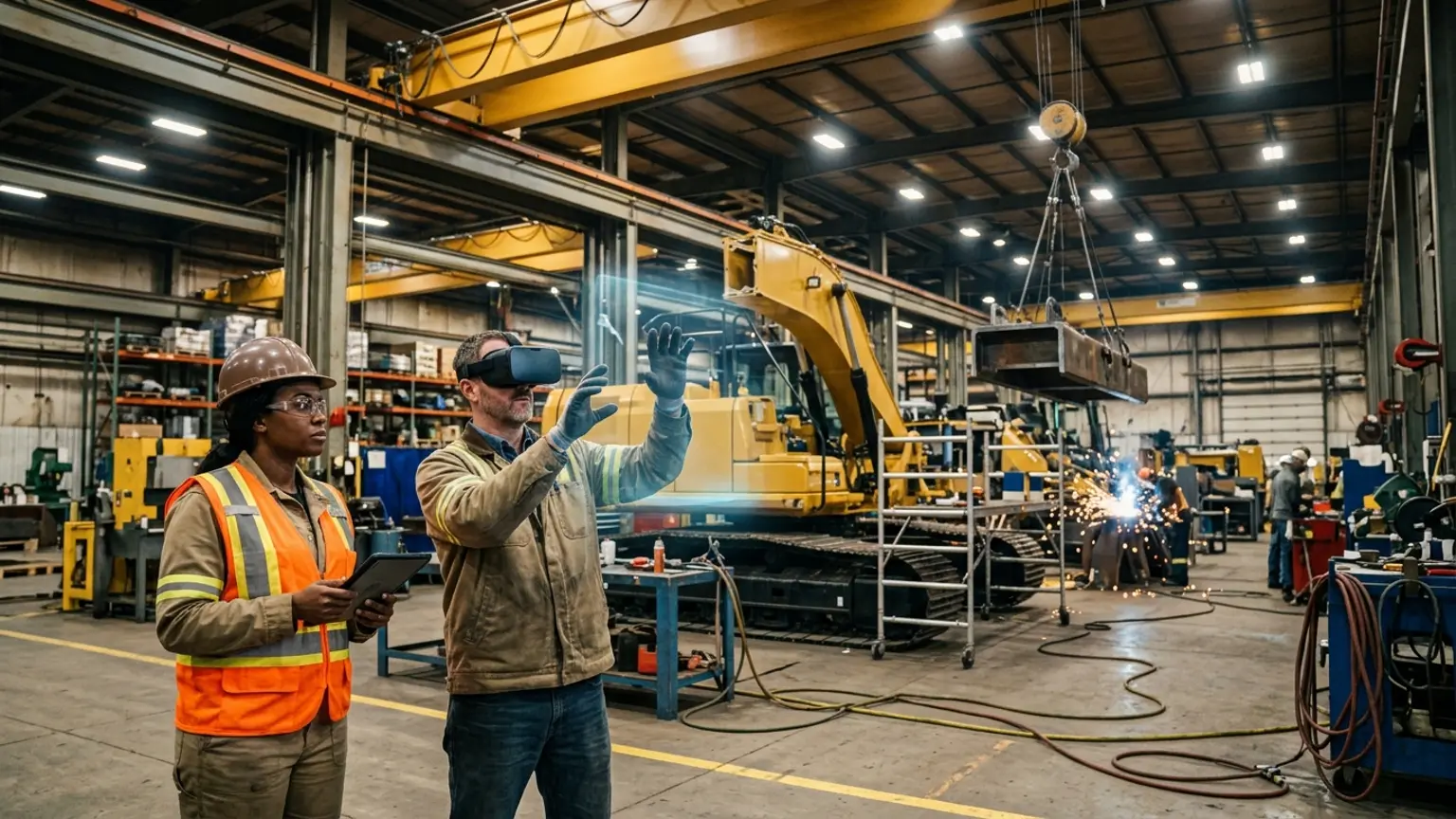 A workplace safety leader in Peoria, Illinois wearing a hard hat and hi-vis vest holds a tablet inside a heavy-equipment manufacturing plant while a worker in a VR headset rehearses a lockout tagout, machine guarding, and crane rigging procedure, showing how the best safety training companies in Peoria combine OSHA, construction, heavy-equipment manufacturing, and healthcare safety training with immersive VR safety training across the region's assembly, hospital, and building economy, where The Prime VR builds custom virtual reality safety programs for Peoria manufacturers, health systems, and contractors to practice high-risk procedures under realistic conditions