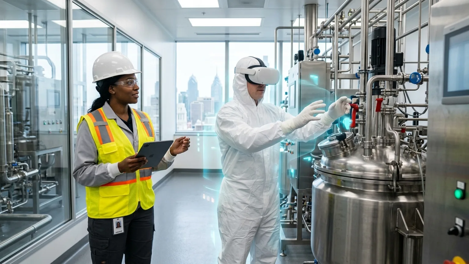 A workplace safety leader in Philadelphia, Pennsylvania wearing a hard hat and hi-vis vest holds a tablet at a pharmaceutical and construction site while a worker in a VR headset rehearses a chemical handling, lockout tagout, and confined space procedure, showing how the best safety training companies in Philadelphia combine OSHA, construction, pharma and healthcare, and logistics safety training with immersive VR safety training across the region's life sciences, hospital, and building economy, where The Prime VR builds custom virtual reality safety programs for Philadelphia labs, health systems, and contractors to practice high-risk procedures under realistic conditions