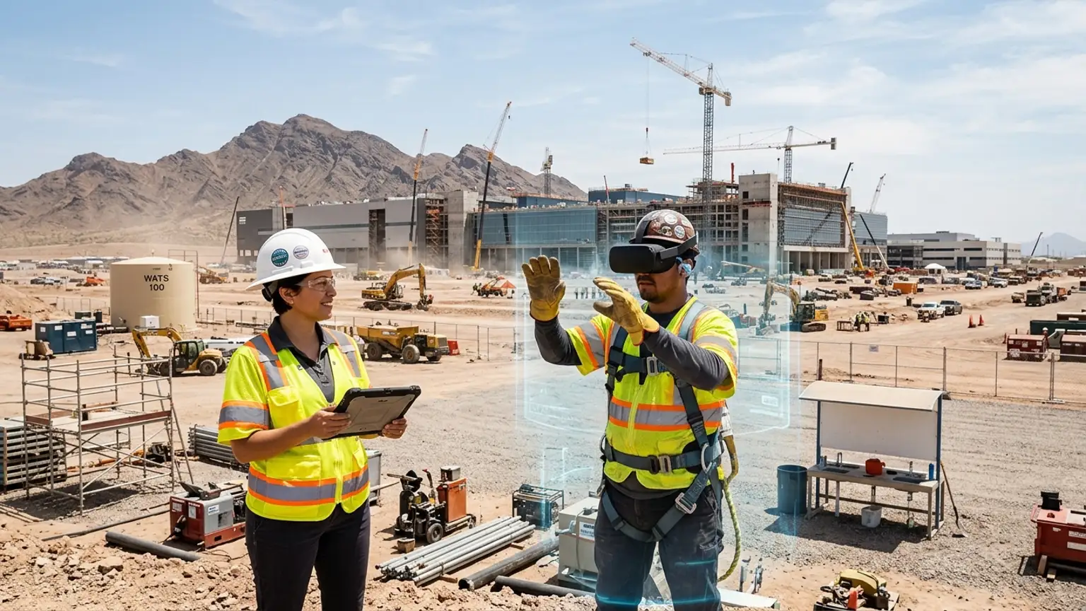 A workplace safety leader in Phoenix, Arizona wearing a hard hat and hi-vis vest holds a tablet at a semiconductor fab and high-rise construction site under intense desert sun while a worker in a VR headset rehearses a fall protection, heat emergency response, and lockout tagout procedure, showing how the best safety training companies in Phoenix combine OSHA and ADOSH, construction, semiconductor and manufacturing, and heat illness prevention with immersive VR safety training across the region's fab, building, and logistics economy, where The Prime VR builds custom virtual reality safety programs for Phoenix contractors, semiconductor firms, and logistics operators to practice high-risk procedures under realistic conditions