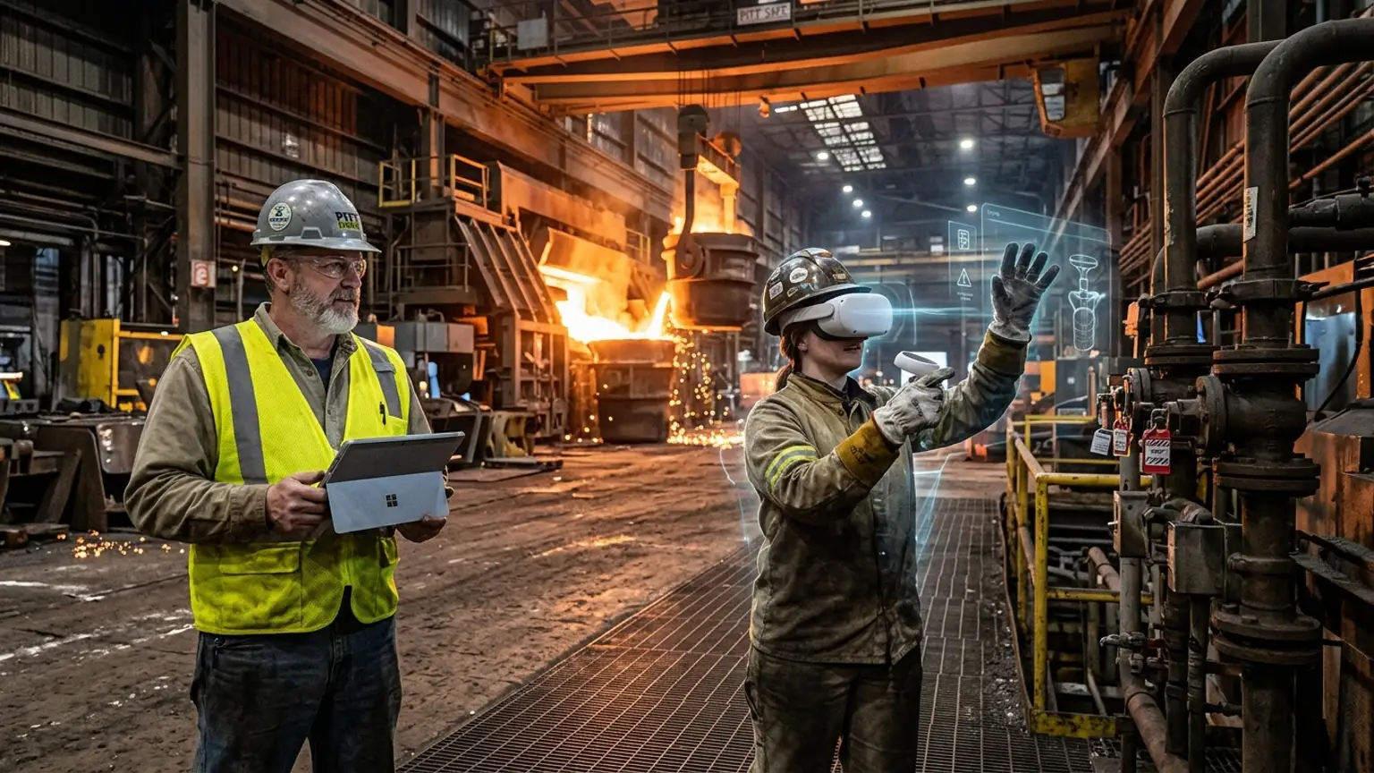 A workplace safety leader in Pittsburgh, Pennsylvania wearing a hard hat and hi-vis vest holds a tablet inside a metals and heavy manufacturing plant while a worker in a VR headset rehearses a lockout tagout, confined space, and hot work procedure, showing how the best safety training companies in Pittsburgh combine OSHA, construction, metals and manufacturing, and energy safety training with immersive VR safety training across the region's steel, natural gas, and robotics economy, where The Prime VR builds custom virtual reality safety programs for Pittsburgh metals plants, energy operators, and contractors to practice high-risk procedures under realistic conditions