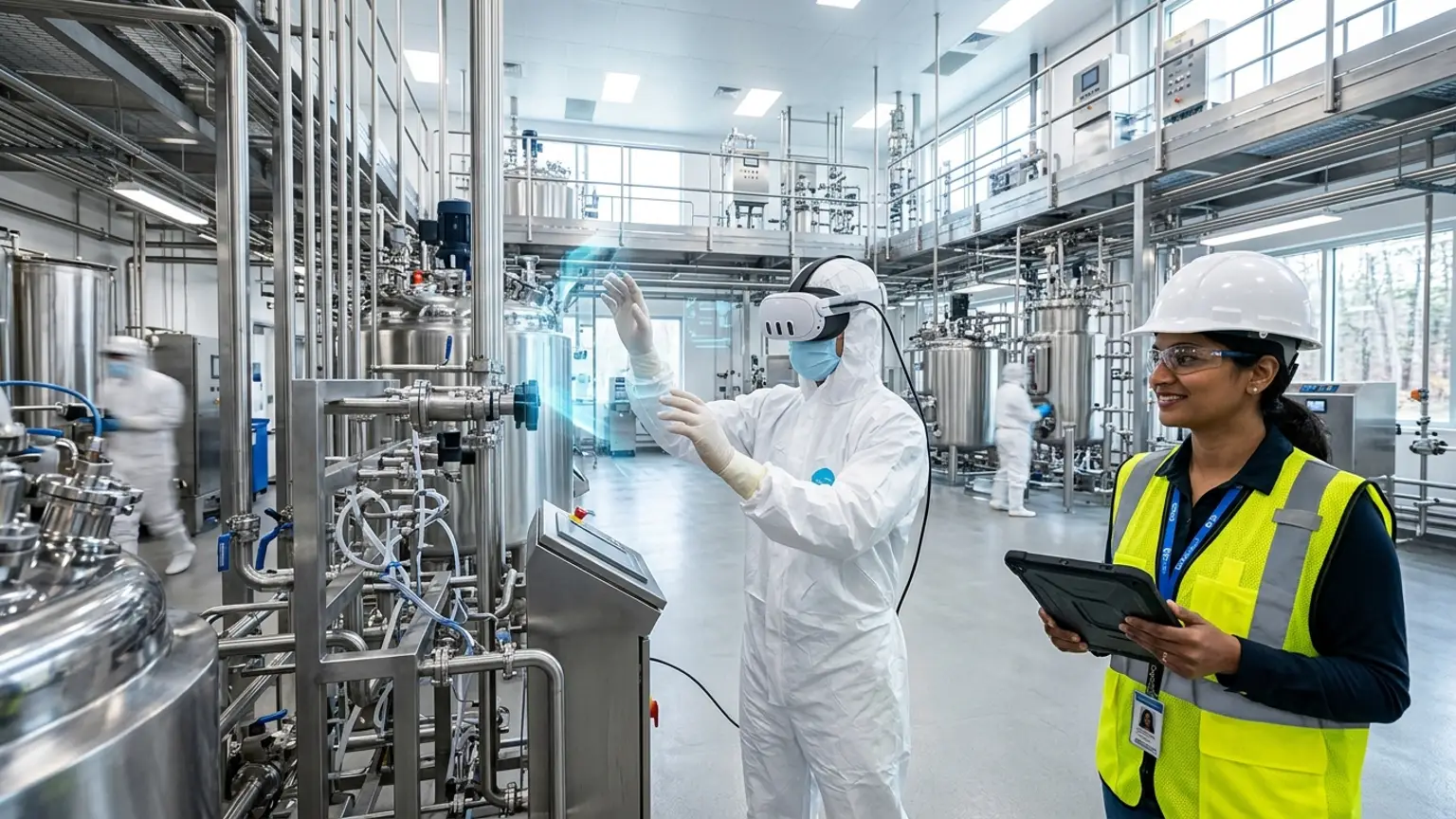 A workplace safety leader in Raleigh, North Carolina wearing a hard hat and hi-vis vest holds a tablet at a biotech and pharmaceutical facility in Research Triangle Park while a worker in a cleanroom coverall and VR headset rehearses a chemical handling, lockout tagout, and confined space procedure, showing how the best safety training companies in Raleigh combine OSHA, construction, biotech and pharma, and healthcare safety training with immersive VR safety training across the region's research, hospital, and building economy, where The Prime VR builds custom virtual reality safety programs for Raleigh labs, health systems, and contractors to practice high-risk procedures under realistic conditions