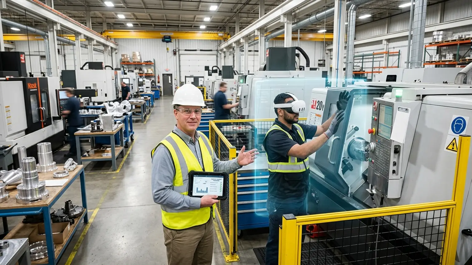 A workplace safety leader in Rockford, Illinois wearing a hard hat and hi-vis vest holds a tablet inside an aerospace machining and fastener plant while a worker in a VR headset rehearses a machine safeguarding, lockout tagout, and confined space procedure, showing how the best safety training companies in Rockford combine OSHA, construction, aerospace, and machining and machine safety training with immersive VR safety training across the region's precision manufacturing and building economy, where The Prime VR builds custom virtual reality safety programs for Rockford manufacturers and contractors to practice high-risk procedures under realistic conditions