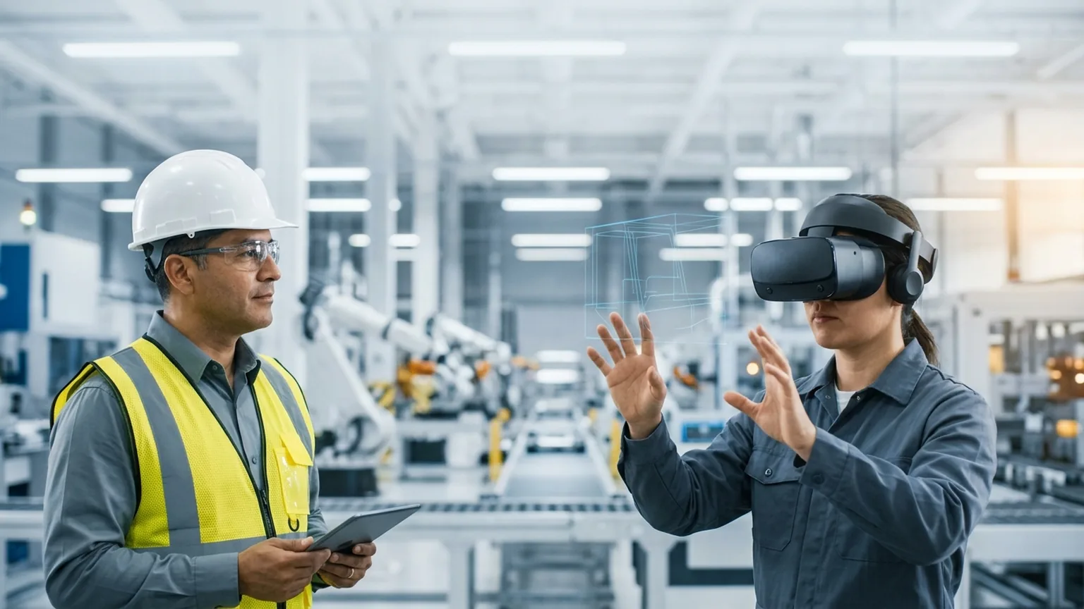 A workplace safety and EHS leader in San Antonio, Texas wearing a hard hat and hi-vis vest holds a tablet while a manufacturing worker in a VR headset rehearses a lockout tagout and forklift safety procedure, showing how the best safety training companies in San Antonio combine OSHA, HAZWOPER and forklift certification with immersive VR safety training across military, healthcare and Toyota-anchored manufacturing employers, where The Prime VR builds custom virtual reality safety programs for San Antonio teams to practice hazard recognition and emergency response under realistic conditions