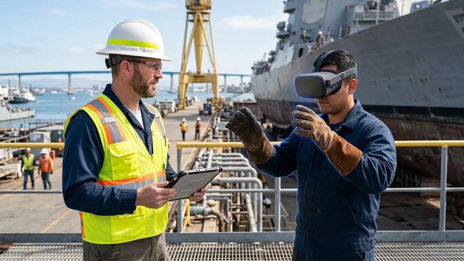 A workplace safety leader in San Diego, California wearing a hard hat and hi-vis vest holds a tablet at a naval ship repair yard while a shipyard worker in a VR headset rehearses a confined space entry and hot work procedure aboard a vessel, showing how the best safety training companies in San Diego combine Cal/OSHA, maritime shipyard, biotech and defense training with immersive VR safety training across the region's Navy, shipbuilding and life-sciences employers, where The Prime VR builds custom virtual reality safety programs for San Diego to practice high-risk procedures under realistic conditions