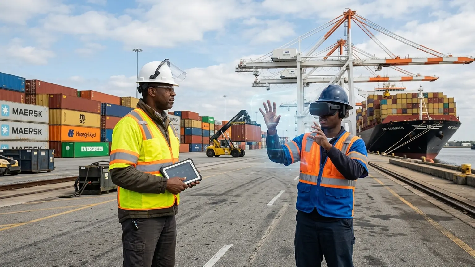 A workplace safety leader in Savannah, Georgia wearing a hard hat and hi-vis vest holds a tablet at the Port of Savannah container terminal while a worker in a VR headset rehearses a cargo handling, forklift, and confined space procedure, showing how the best safety training companies in Savannah combine OSHA, construction, port and maritime, and aerospace safety training with immersive VR safety training across the region's port, logistics, and manufacturing economy, where The Prime VR builds custom virtual reality safety programs for Savannah terminal operators, logistics firms, and contractors to practice high-risk procedures under realistic conditions