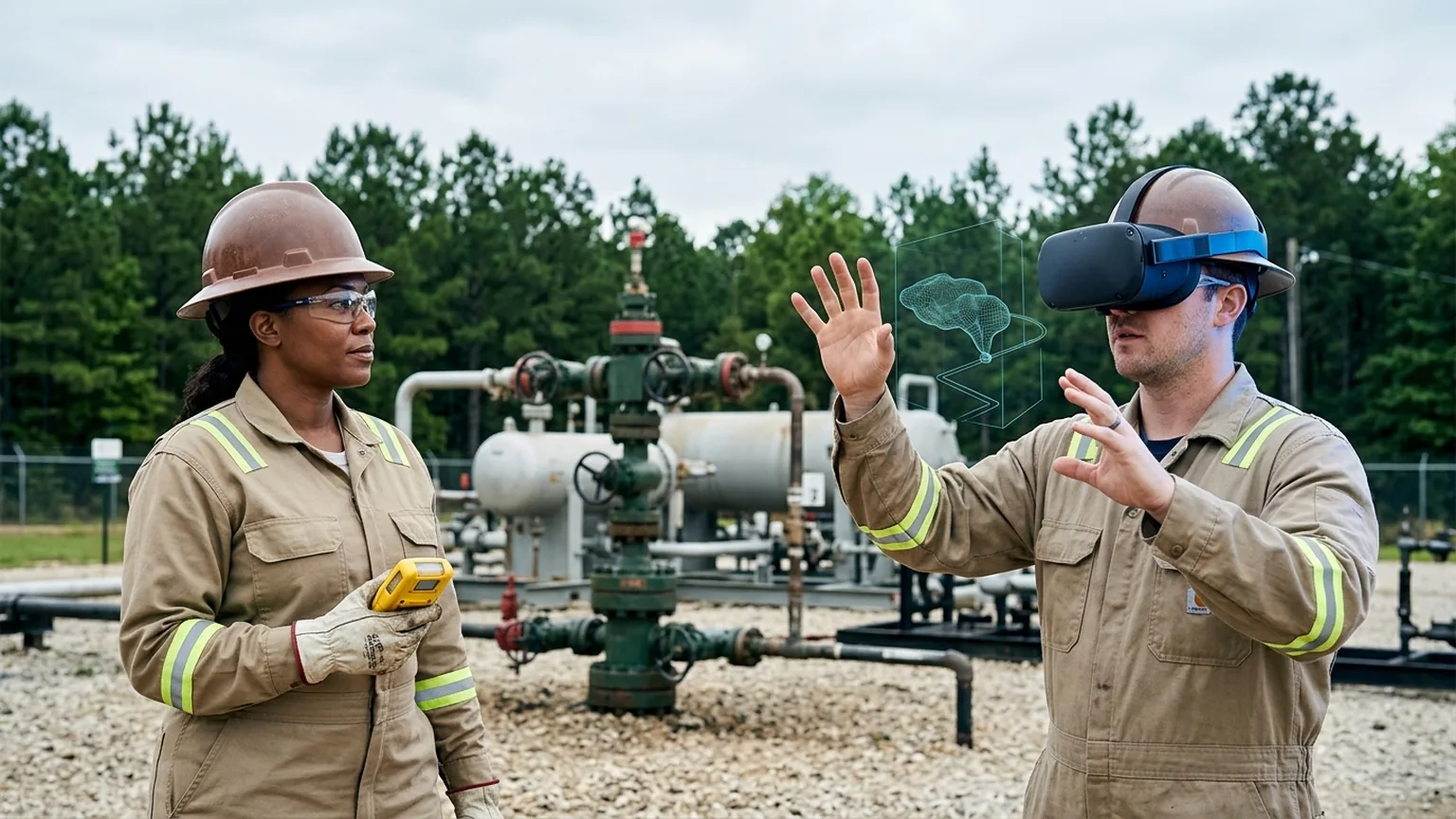 A workplace safety leader in Shreveport, Louisiana wearing a hard hat and flame-resistant coverall holds an H2S gas monitor at a Haynesville Shale natural gas site while a worker in a VR headset rehearses a hydrogen sulfide response and confined space procedure, showing how the best safety training companies in Shreveport and Bossier City combine OSHA, HAZWOPER, SafeLand and H2S training with immersive VR safety training across natural gas, manufacturing and defense employers, where The Prime VR builds custom virtual reality safety programs for the region to practice high-risk procedures under realistic conditions