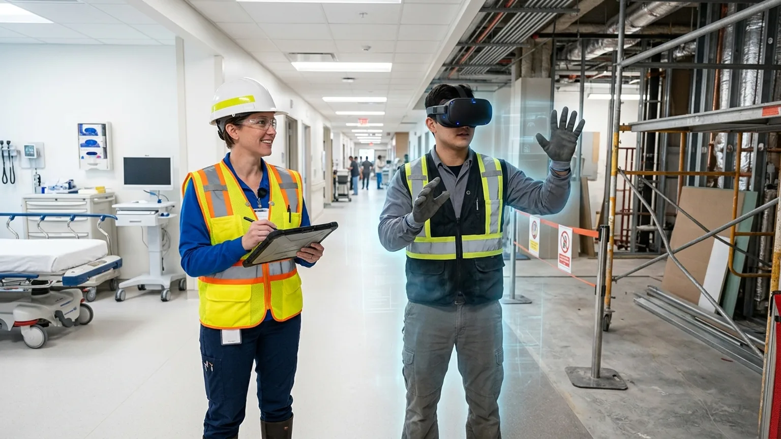 A workplace safety leader in Springfield, Illinois wearing a hard hat and hi-vis vest holds a tablet at a hospital and construction setting while a worker in a VR headset rehearses a patient handling, bloodborne pathogen, and lockout tagout procedure, showing how the best safety training companies in Springfield combine OSHA, construction, healthcare, and general industry safety training with immersive VR safety training across the region's medical, government, and building economy, where The Prime VR builds custom virtual reality safety programs for Springfield health systems and contractors to practice high-risk procedures under realistic conditions