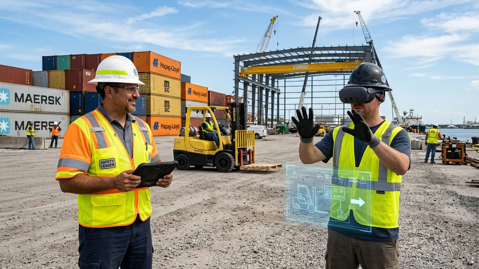 A workplace safety leader in Tampa, Florida wearing a hard hat and hi-vis vest holds a tablet at a Port Tampa Bay logistics and construction area while a worker in a VR headset rehearses a forklift, lockout tagout, and confined space procedure, showing how the best safety training companies in Tampa combine OSHA, construction, healthcare, and port and logistics safety training with immersive VR safety training across the region's port, hospital, and building economy, where The Prime VR builds custom virtual reality safety programs for Tampa contractors, hospitals, and port operators to practice high-risk procedures under realistic conditions