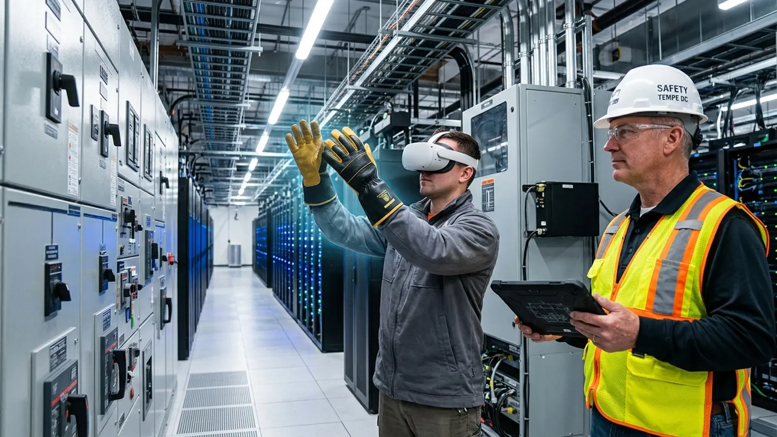 A workplace safety leader in Tempe, Arizona wearing a hard hat and hi-vis vest holds a tablet inside a data center and electronics manufacturing setting while a worker in a VR headset rehearses an electrical lockout tagout, arc flash, and heat emergency procedure, showing how the best safety training companies in Tempe combine OSHA and ADOSH, construction, electronics and data centers, and heat safety with immersive VR safety training across the region's tech, university, and building economy, where The Prime VR builds custom virtual reality safety programs for Tempe electronics firms, data center operators, and contractors to practice high-risk procedures under realistic conditions