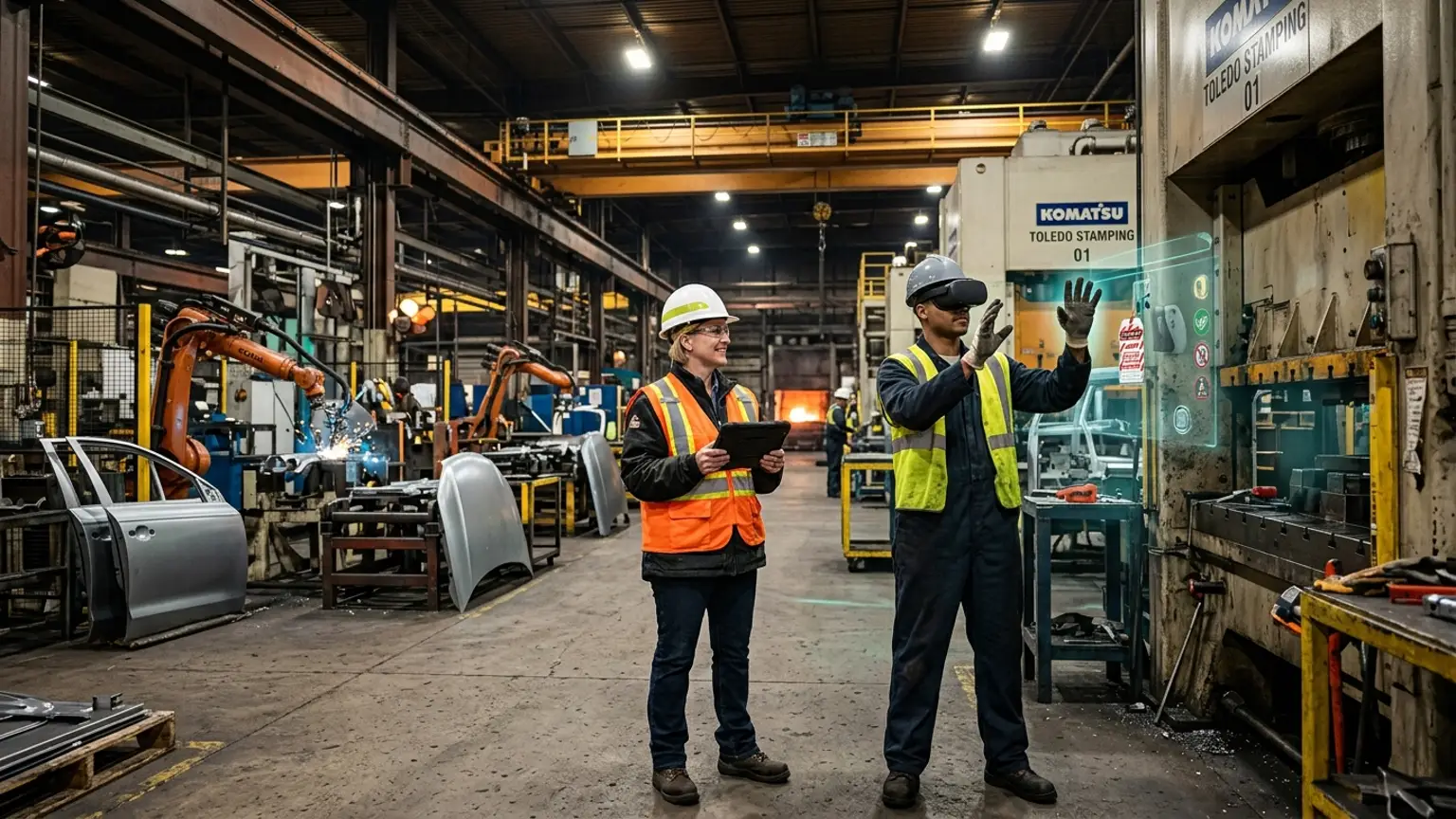 A workplace safety leader in Toledo, Ohio wearing a hard hat and hi-vis vest holds a tablet inside an automotive stamping and glass manufacturing plant while a worker in a VR headset rehearses a lockout tagout, machine guarding, and powered vehicle procedure, showing how the best safety training companies in Toledo combine OSHA, construction, automotive manufacturing, and glass industry safety training with immersive VR safety training across the region's Jeep assembly, glass, and building economy, where The Prime VR builds custom virtual reality safety programs for Toledo manufacturers and contractors to practice high-risk procedures under realistic conditions
