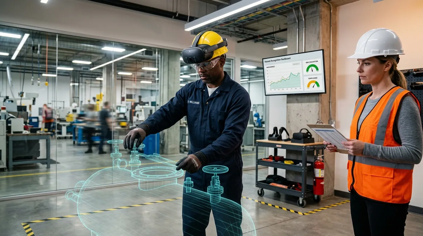 Manufacturing safety trainer in a hard hat watches a production worker wearing a Meta Quest VR headset practice a confined space entry procedure inside a simulated industrial vessel, while a second worker reviews real-time hazard recognition scores on a wall monitor in a plant training bay, contrasting hands-on VR simulation with classroom safety training for manufacturing
