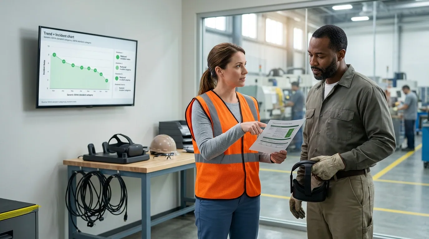Plant EHS manager in a safety vest reviews a printed per-worker competency report alongside a line operator who has just removed a Meta Quest headset after a lockout tagout VR simulation, with a wall monitor showing reduced incident-rate trends and OSHA standard references, illustrating how manufacturing safety training documentation improves with VR simulation