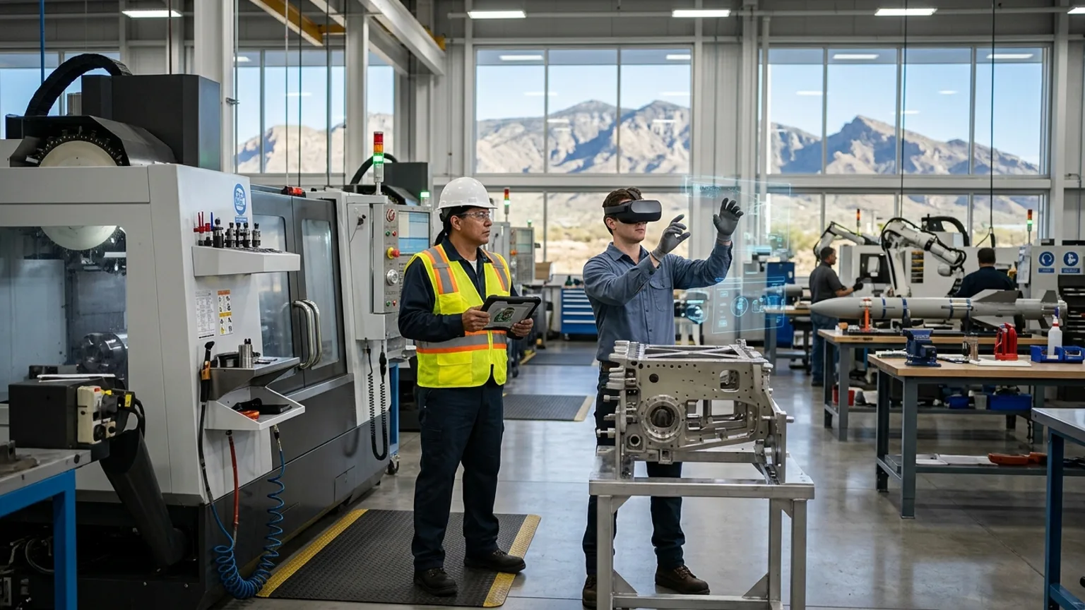A workplace safety leader in Tucson, Arizona wearing a hard hat and hi-vis vest holds a tablet at an aerospace defense manufacturing and mining setting under desert sun while a worker in a VR headset rehearses a lockout tagout, machine safety, and heat emergency procedure, showing how the best safety training companies in Tucson combine OSHA and ADOSH, construction, aerospace and defense, and mining and heat safety with immersive VR safety training across the region's defense, copper, and building economy, where The Prime VR builds custom virtual reality safety programs for Tucson aerospace firms, mining-adjacent operations, and contractors to practice high-risk procedures under realistic conditions
