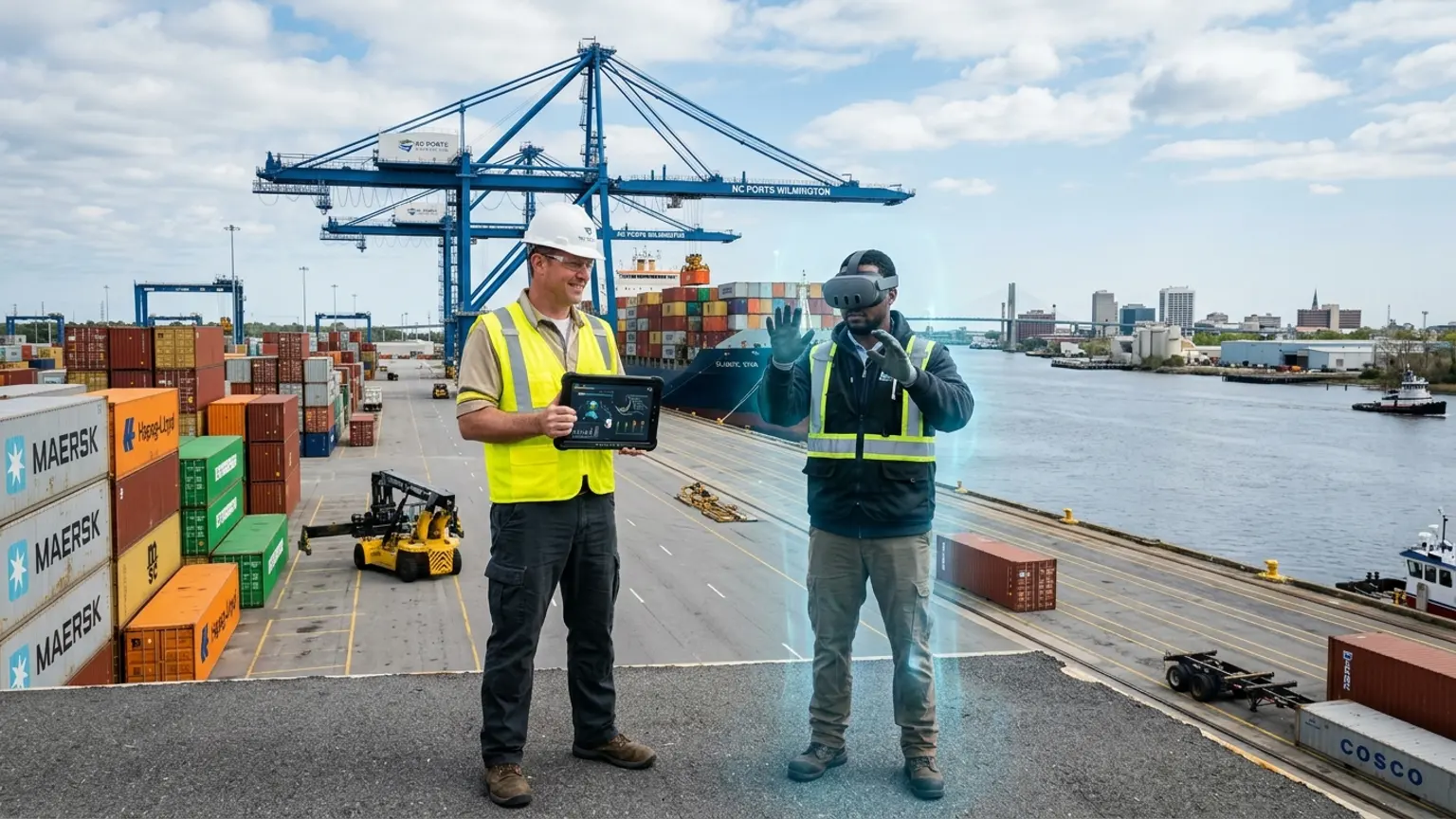 A workplace safety leader in Wilmington, North Carolina wearing a hard hat and hi-vis vest holds a tablet at a port terminal and film production and chemical plant setting while a worker in a VR headset rehearses a cargo handling, chemical, and fall protection procedure, showing how the best safety training companies in Wilmington combine OSHA, construction, port and maritime, and film and chemical manufacturing safety training with immersive VR safety training across the region's port, studio, and industrial economy, where The Prime VR builds custom virtual reality safety programs for Wilmington terminal operators, studios, and contractors to practice high-risk procedures under realistic conditions