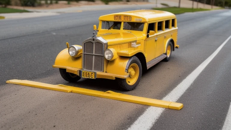 A yellow school bus with its stop arm extended and flashing lights, and the danger zones marked around it, shown without people, for The Prime VR immersive training.