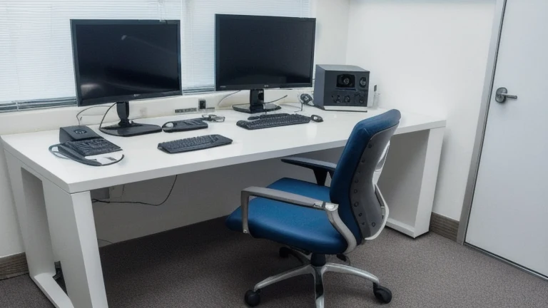 A clean security office with a monitoring console, radio and access-control panel, shown without people, for The Prime VR immersive training.