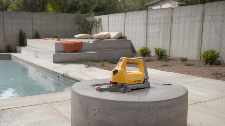 A concrete saw with a water-suppression attachment and a HEPA vacuum beside a stack of cut blocks, shown without people, for The Prime VR immersive training.