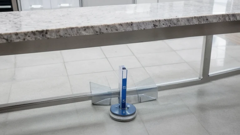 A clean quality-control station with measurement gauges and a control chart printout on a table, shown without people, for The Prime VR immersive training.