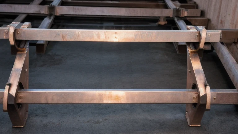 Structural steel beams staged on the ground with connection hardware, a harness, and a beam clamp, shown without people, for The Prime VR immersive training.