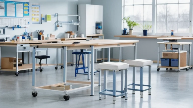 A clean, professional technical classroom representing STEM Lab Safety, shown without people, for The Prime VR immersive training.