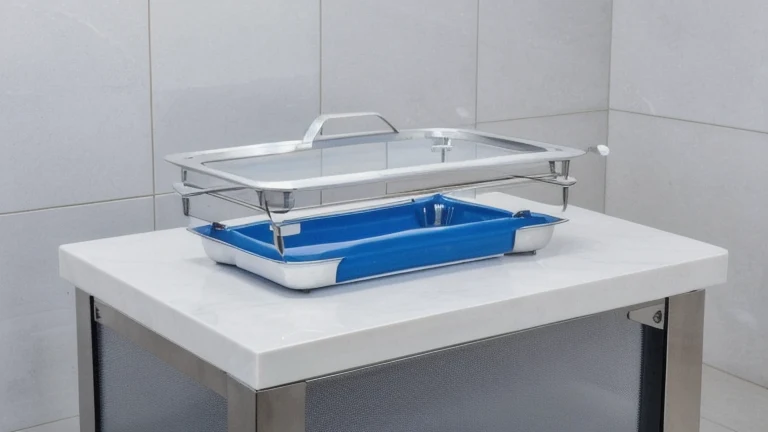 A clean sterile processing department with an autoclave, stainless steel instrument trays and wrapped surgical sets, shown without people, for The Prime VR immersive training.