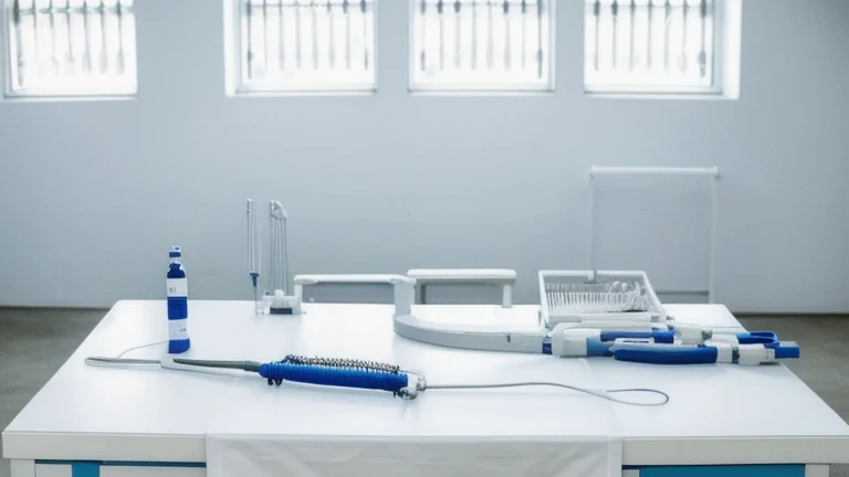 A clean operating room setup with a sterile instrument table, draped tray and surgical tools arranged in order, shown without people, for The Prime VR immersive training.