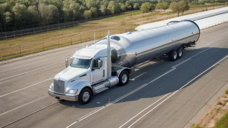 A clean logistics yard with a stainless steel liquid tanker trailer parked on asphalt, shown without people, for The Prime VR immersive training.