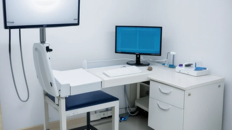 A clean, professional clinical training room representing Therapeutic Communication Techniques for Healthcare Workers, shown without people, for The Prime VR immersive training.