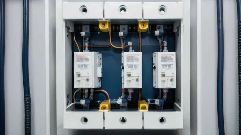 A clean industrial electrical room with a three-phase distribution panel, conduit and a disconnect switch, shown without people, for The Prime VR immersive training.