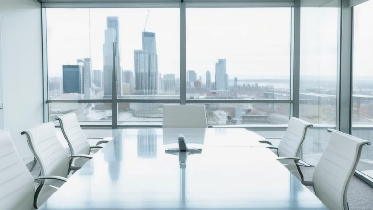 A clean, professional executive boardroom representing Time Management for Managers, shown without people, for The Prime VR immersive training.