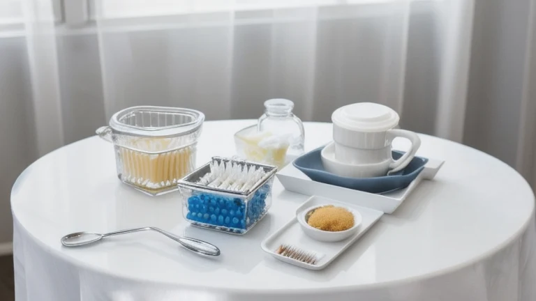 A tracheostomy care kit with inner cannula, sterile gauze, suction catheter and saline on a clean surface, shown without people, for The Prime VR immersive training.