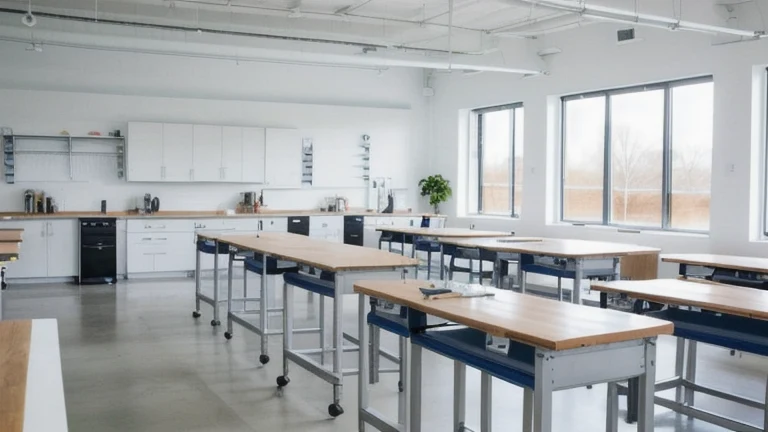 A clean, professional technical classroom representing Trade School vs College, shown without people, for The Prime VR immersive training.