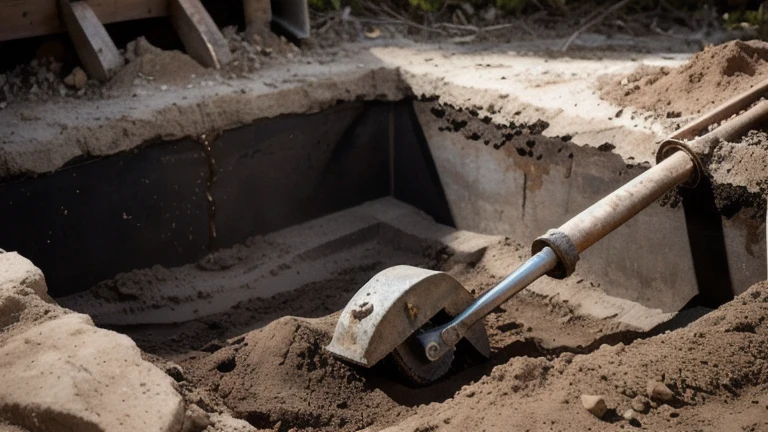 An excavated trench with a trench box shoring system in place and a spoil pile set back from the edge, shown without people, for The Prime VR immersive training.