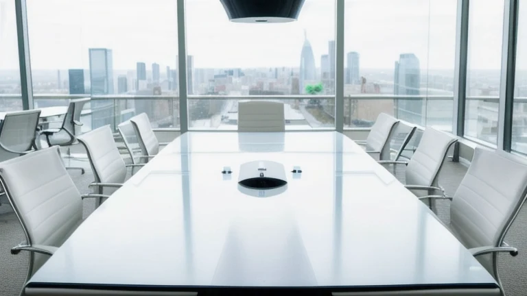 A clean, professional executive boardroom representing Types of Leadership Styles and When to Use Each, shown without people, for The Prime VR immersive training.