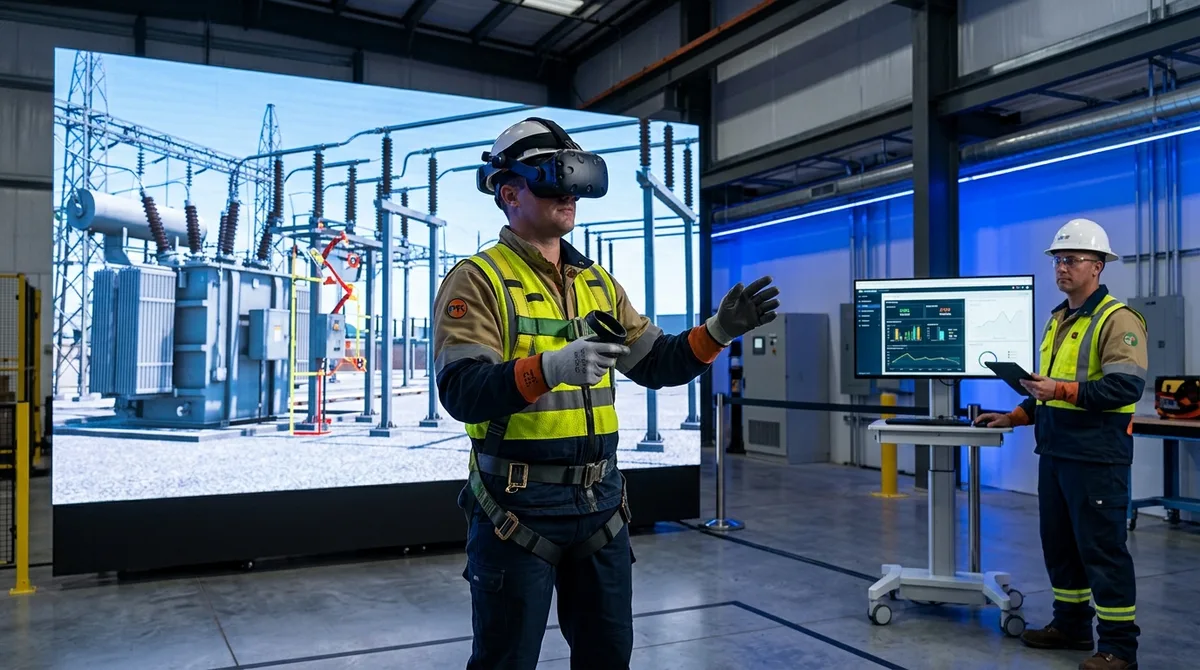 A utility lineman in arc-rated PPE wearing a VR headset practices approach-boundary assessment and switching procedures near a simulated high-voltage substation, while a safety trainer reviews procedure and boundary scores on a monitor in a modern utility training facility, professional photography.