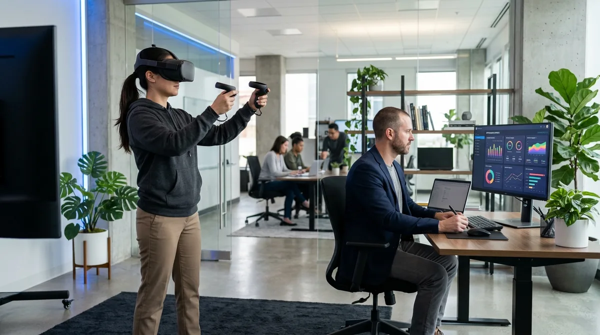 An enterprise learner wearing a modern VR headset practices a hands-on procedural task inside an immersive virtual environment in a corporate learning lab, while an instructional designer reviews a retention and performance dashboard on a nearby monitor, bright professional training facility, clean technology photography.
