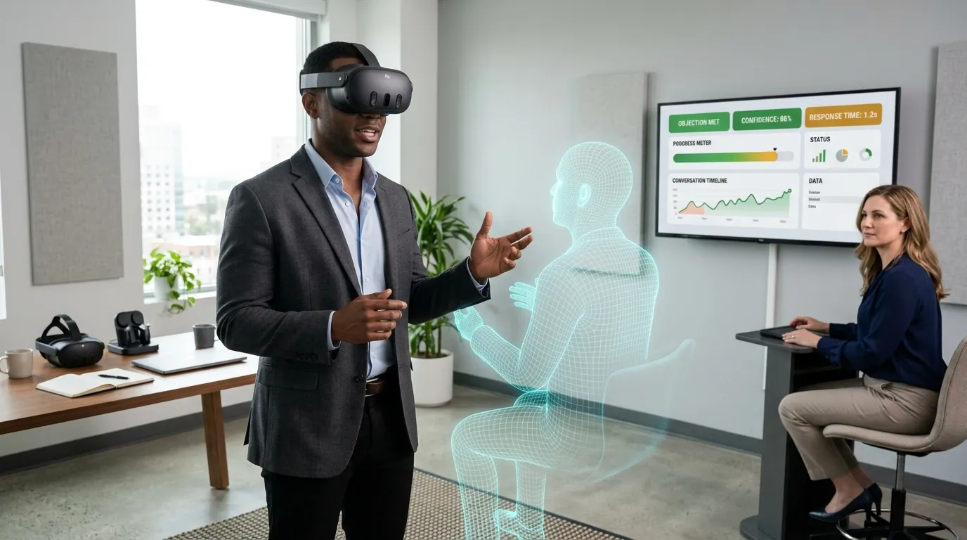 Sales rep wearing a Meta Quest VR headset practices handling a price objection from a skeptical simulated customer in a virtual meeting room, while a sales coach observes a wall monitor displaying objection-handling scores and conversation timing, illustrating how virtual reality sales training helps teams rehearse objections with consistent personas