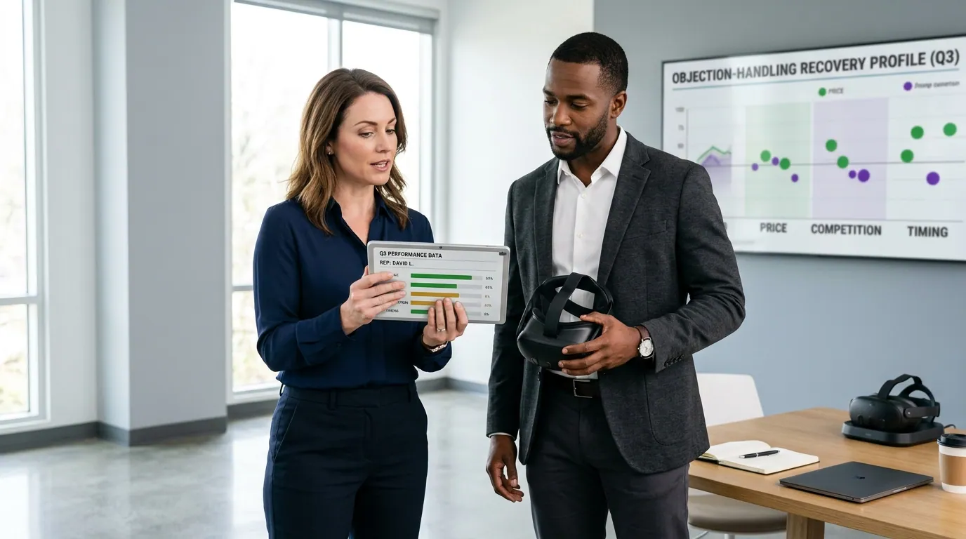 Sales manager reviews a tablet showing a per-rep objection-handling performance profile beside a salesperson who has just finished a VR negotiation scenario with a Meta Quest headset on the desk, with a wall chart highlighting which objection types the rep recovered from, demonstrating data-driven coaching from virtual reality sales training