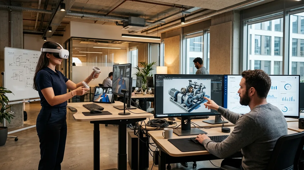 A 3D artist models a photorealistic industrial machine while a colleague tests the VR training scenario in a headset, showing how a realistic 3D environment and a VR simulation are built to fit together.