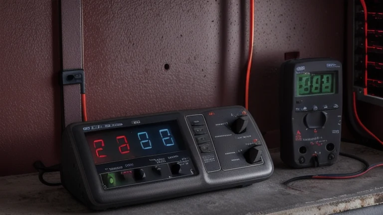 A digital multimeter and insulated test leads resting on an electrical panel cover with the breakers visible, shown without people, for The Prime VR immersive training.