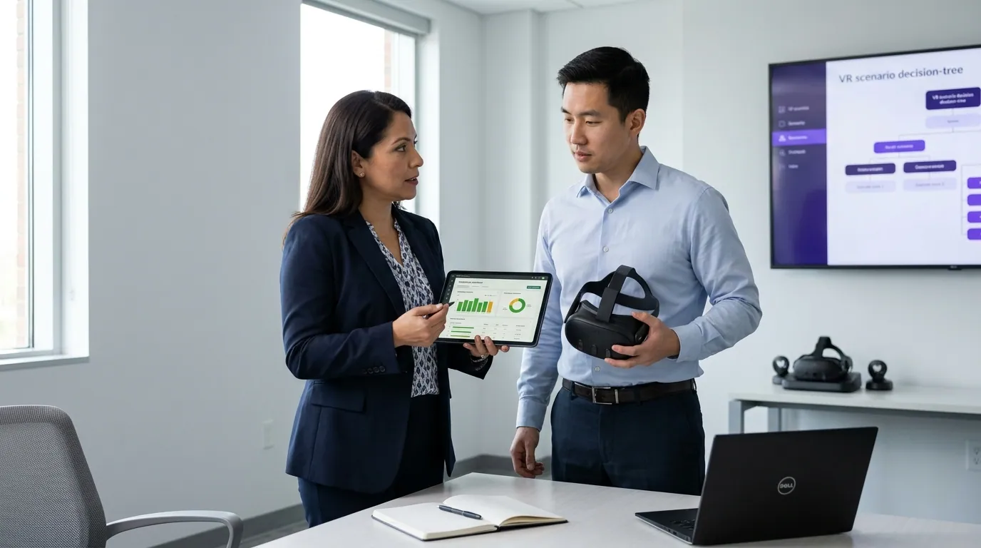 HR compliance officer reviews printed VR training scenario results with two employees at a conference room table after completing a simulated ethics reporting decision tree, with Meta Quest headsets on the table and a laptop displaying individual policy compliance scores and decision pattern analysis for a corporate VR compliance training debrief
