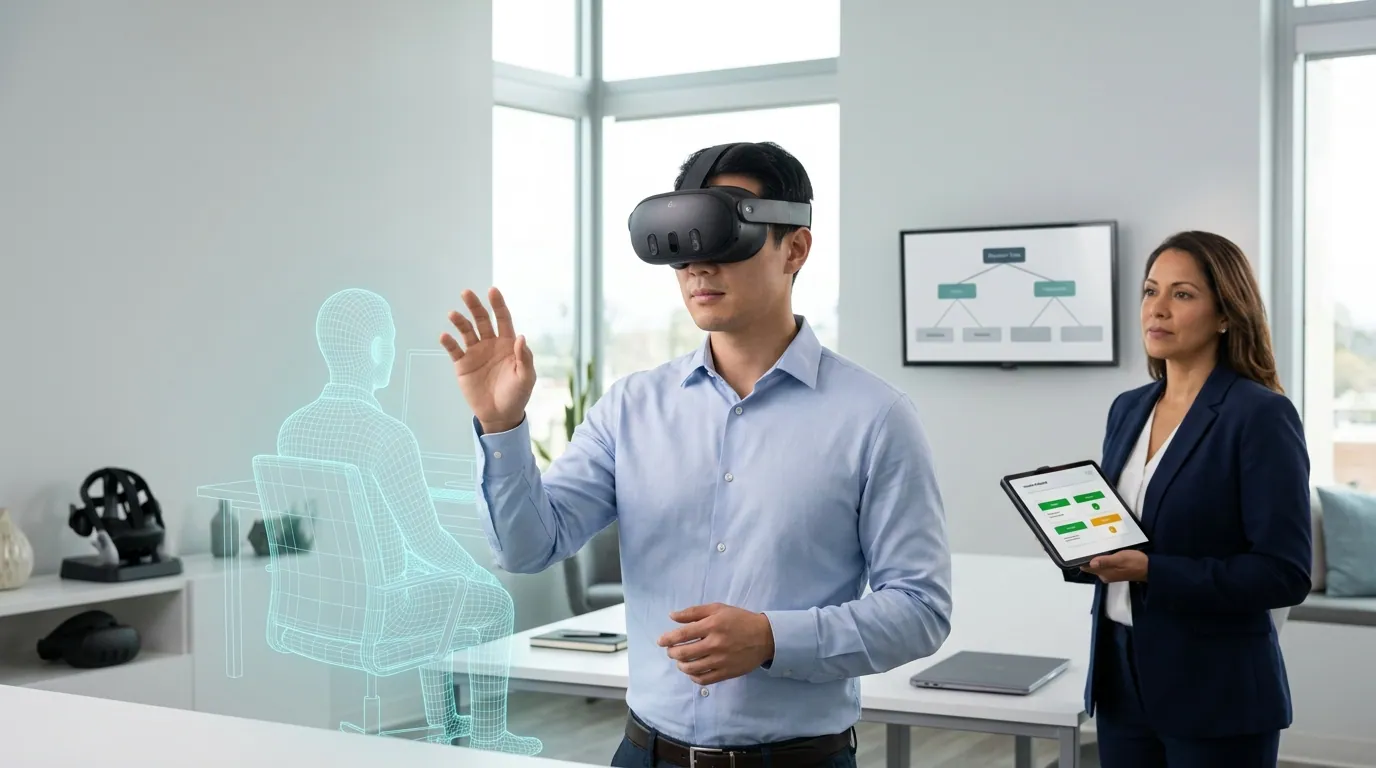 Corporate compliance training manager in professional attire observes employee wearing Meta Quest Pro VR headset completing a simulated workplace harassment reporting scenario in a modern office training room, with dual monitors displaying real-time decision accuracy and policy adherence scores for an enterprise VR compliance training program