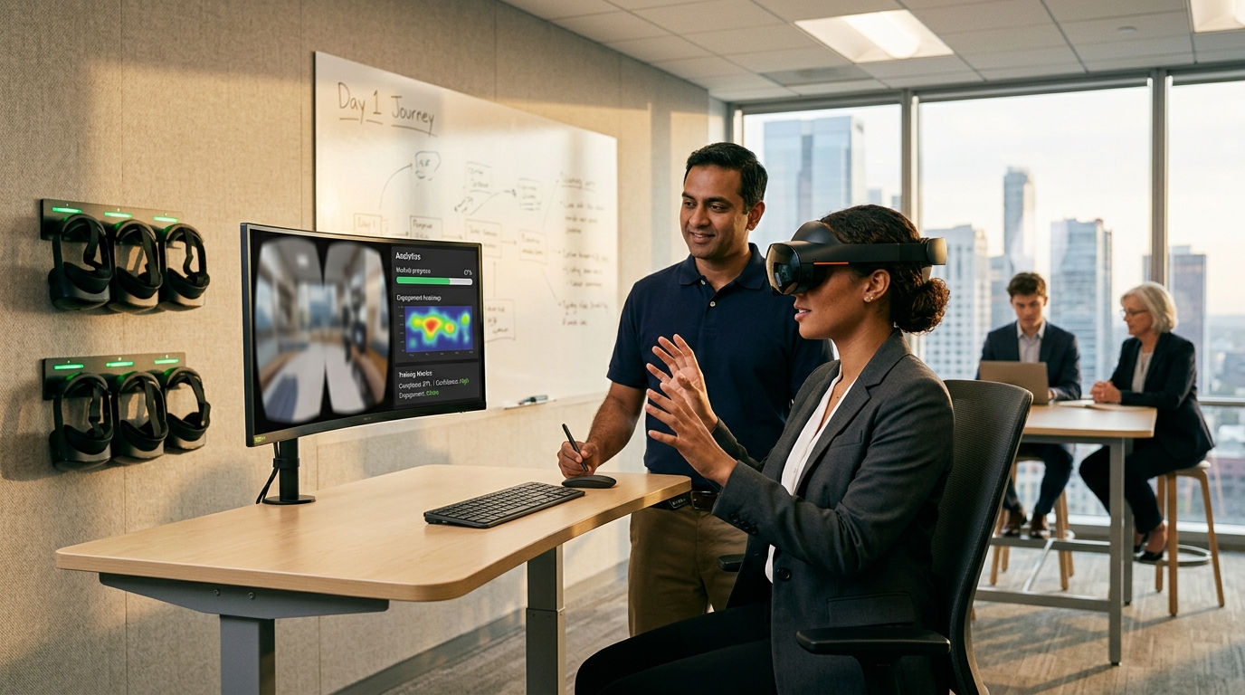 New hire in charcoal blazer wearing Meta Quest Pro VR headset during employee onboarding session with L&D facilitator monitoring analytics dashboard
