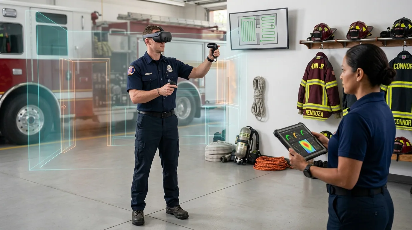 Firefighter wearing a Meta Quest VR headset practices scene size-up and search patterns in a simulated zero-visibility structure fire, while a training officer reviews command decision scores and search coverage on a wall monitor in a fire station training room, illustrating VR firefighter training for decision-making and incident command rehearsal